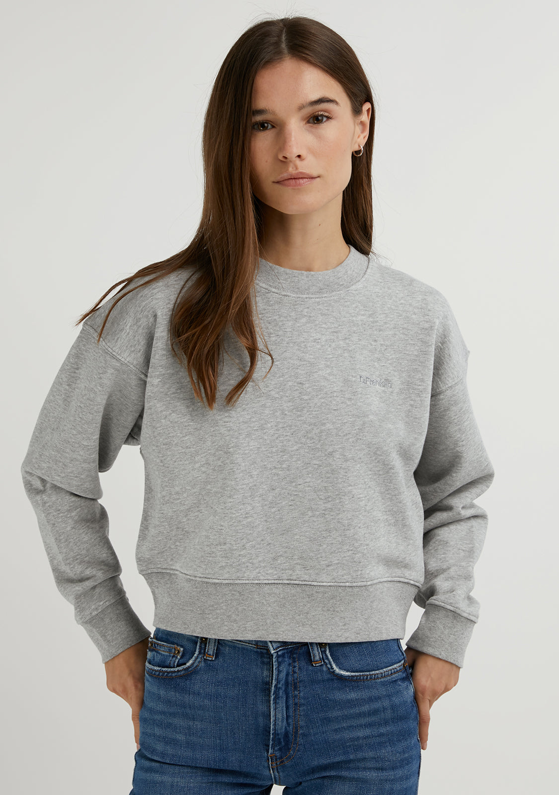 Embroidery Logo Cropped Crew Neck Sweatshirt Grey